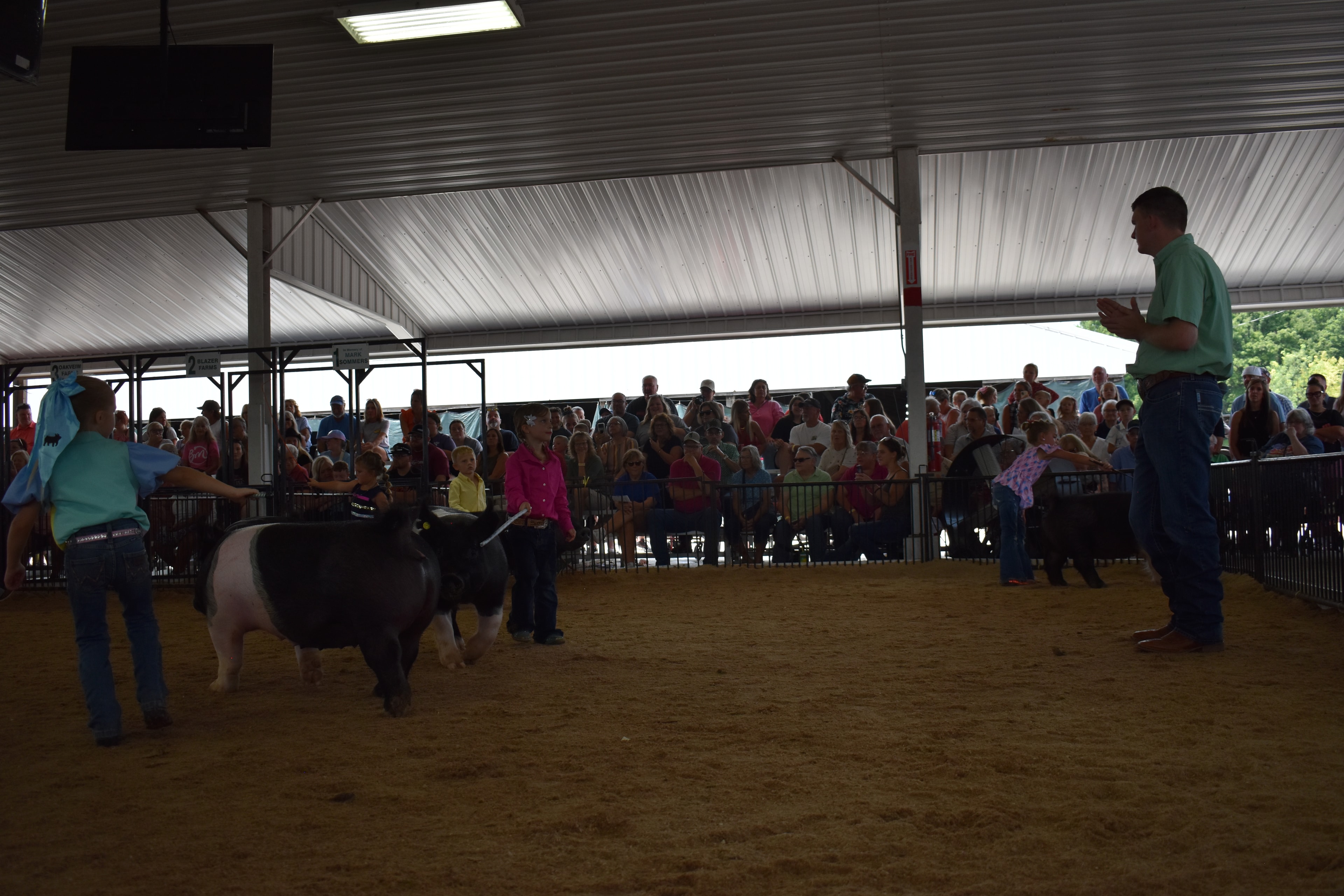 Girl in blue-pink-yellow show shirt smiling while steering large Hampshire cross pig close-up with Do Ja Farms and Pork Council Women sponsor pens 6–8 and packed crowd behind at Champaign County Fair