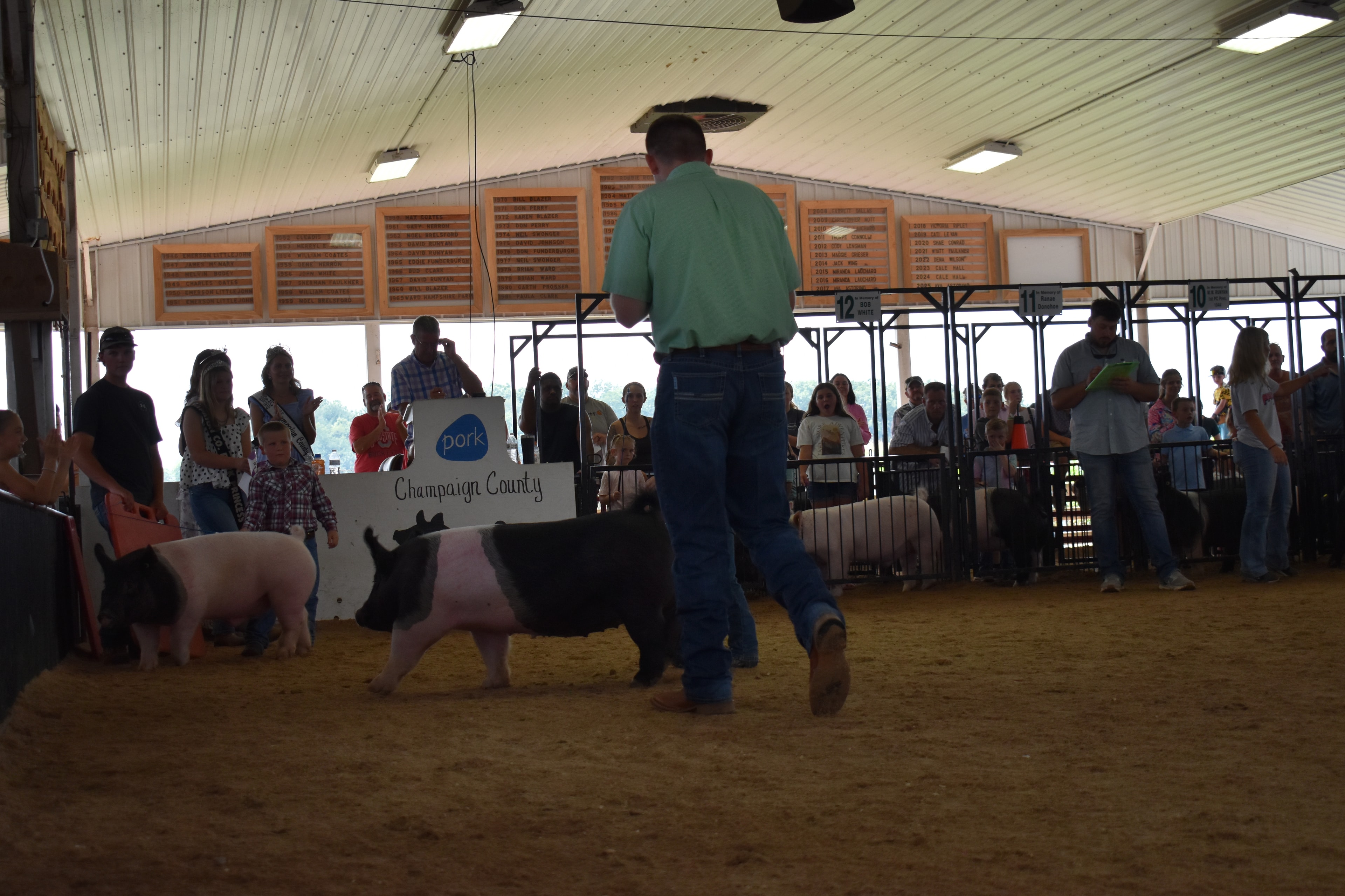 Wide arena shot with boy in teal shirt steering large Hampshire cross pig and girl in pink floral dress steering spotted pig with Mark IV Farm, JBS United, Do Ja View Farms, Pork Council Women sponsor pens 6–10 and packed crowd behind