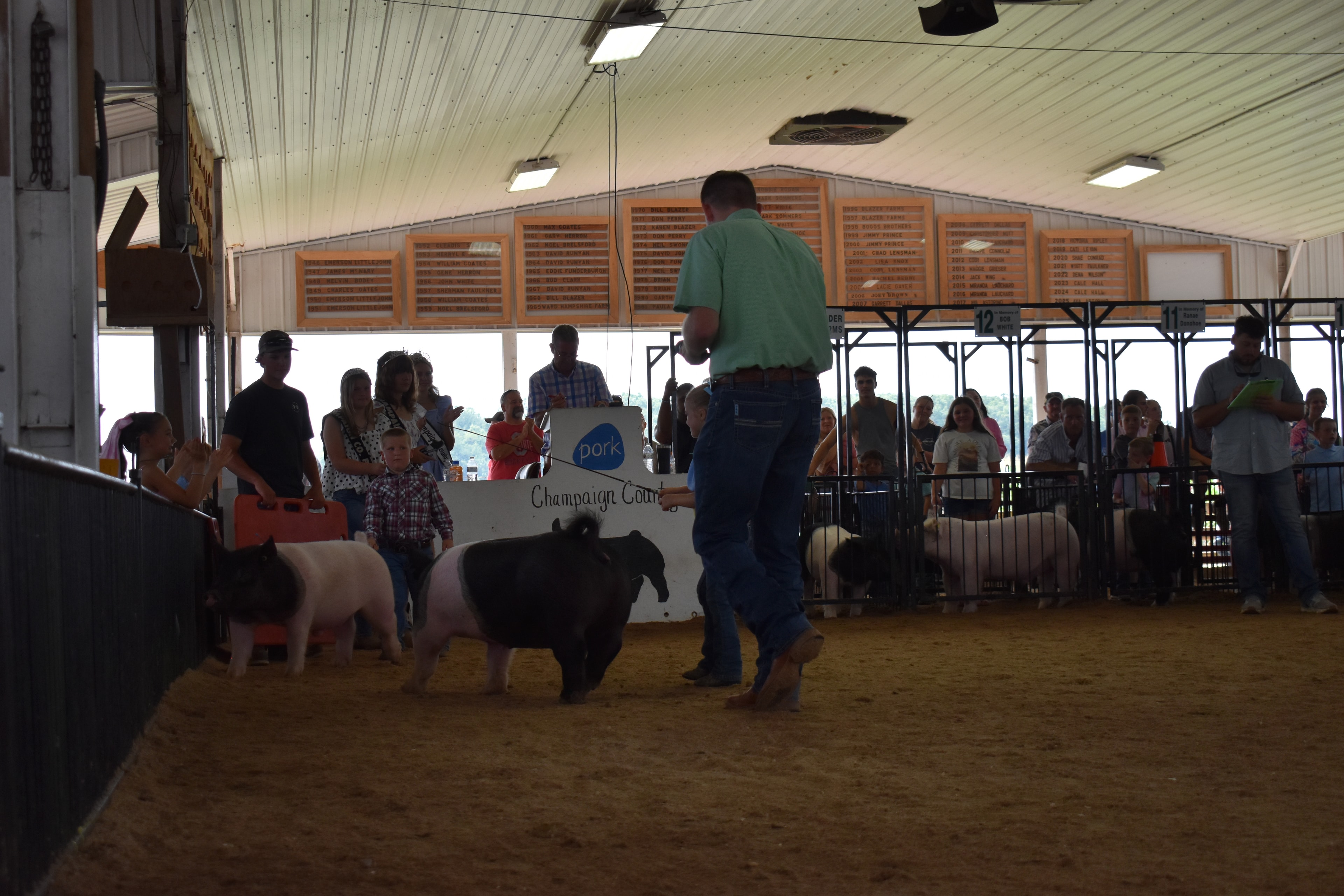 Judge in green shirt watching boy in yellow shirt and girl in teal-blue vest steer Hampshire cross pigs past the Champaign County Pork sign with Pork Queen and packed crowd in sponsor pens 9–13 behind at Champaign County Fair