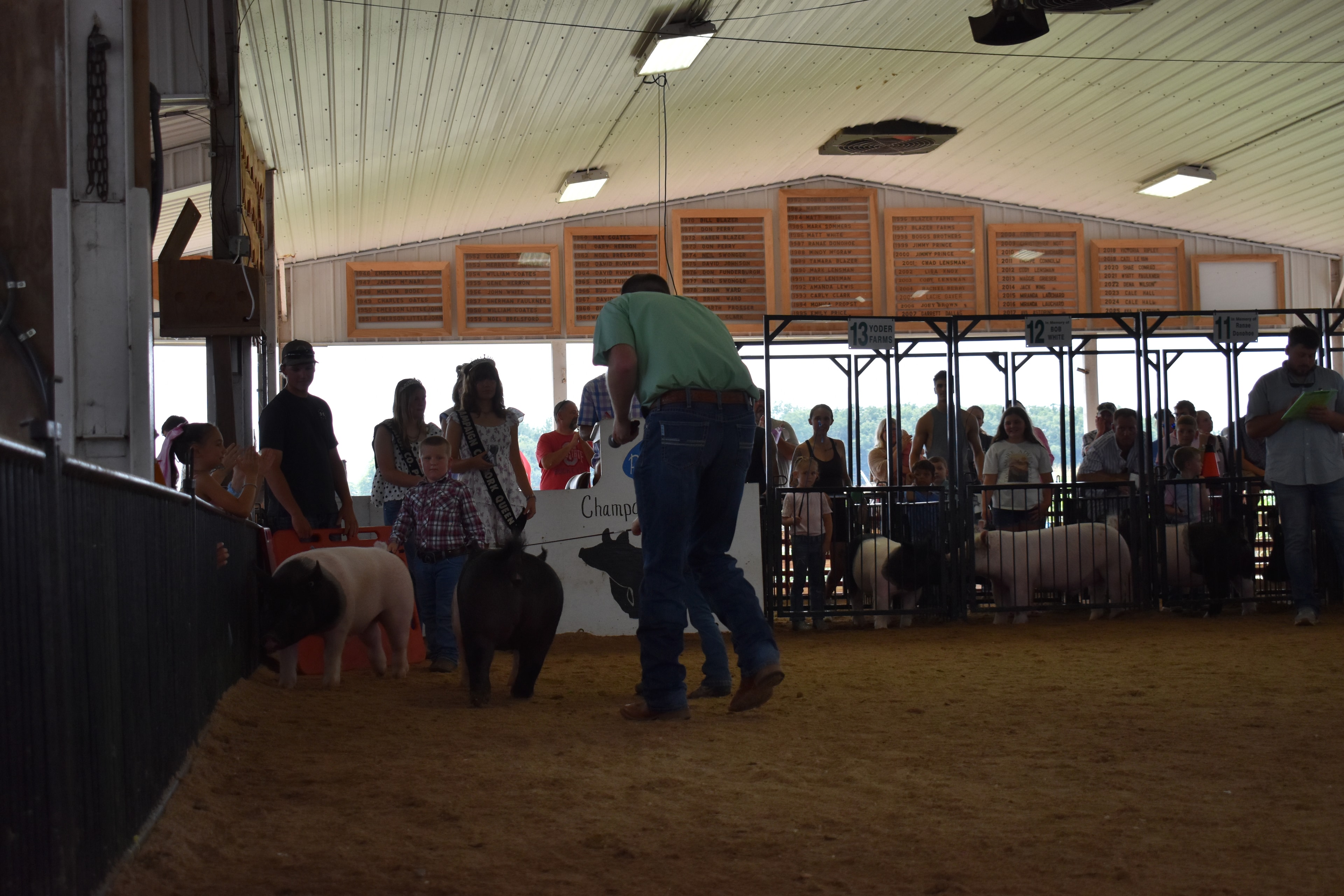 Wide back-of-arena shot with judge in green shirt, Pork Queen with sash, and small boy in plaid shirt steering spotted Hampshire cross pig near the Champaign County Pork sign with packed crowd in Yoder Farms pens 11–13 and past champions boards behind