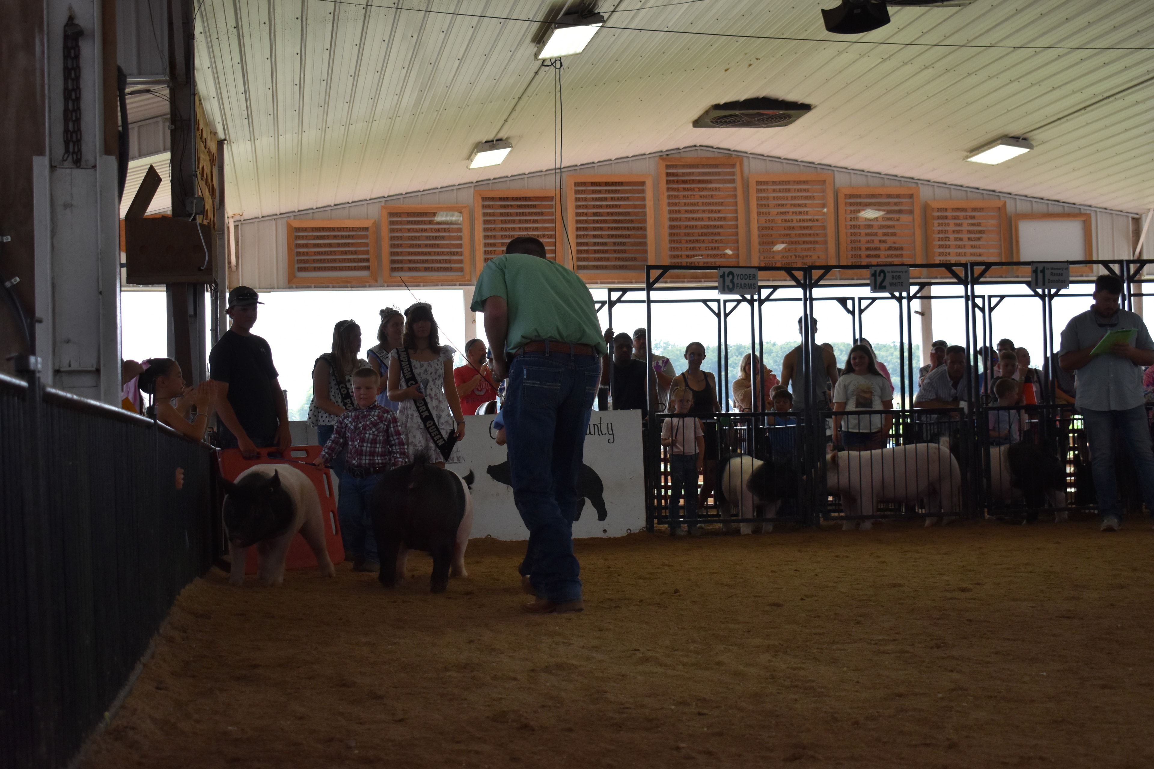 Wide back-of-arena shot with judge in green shirt, Pork Queen with sash, and small boy in plaid shirt steering spotted Hampshire cross pig near the Champaign County Pork sign with packed crowd in Yoder Farms pens 11–13 and past champions boards behind