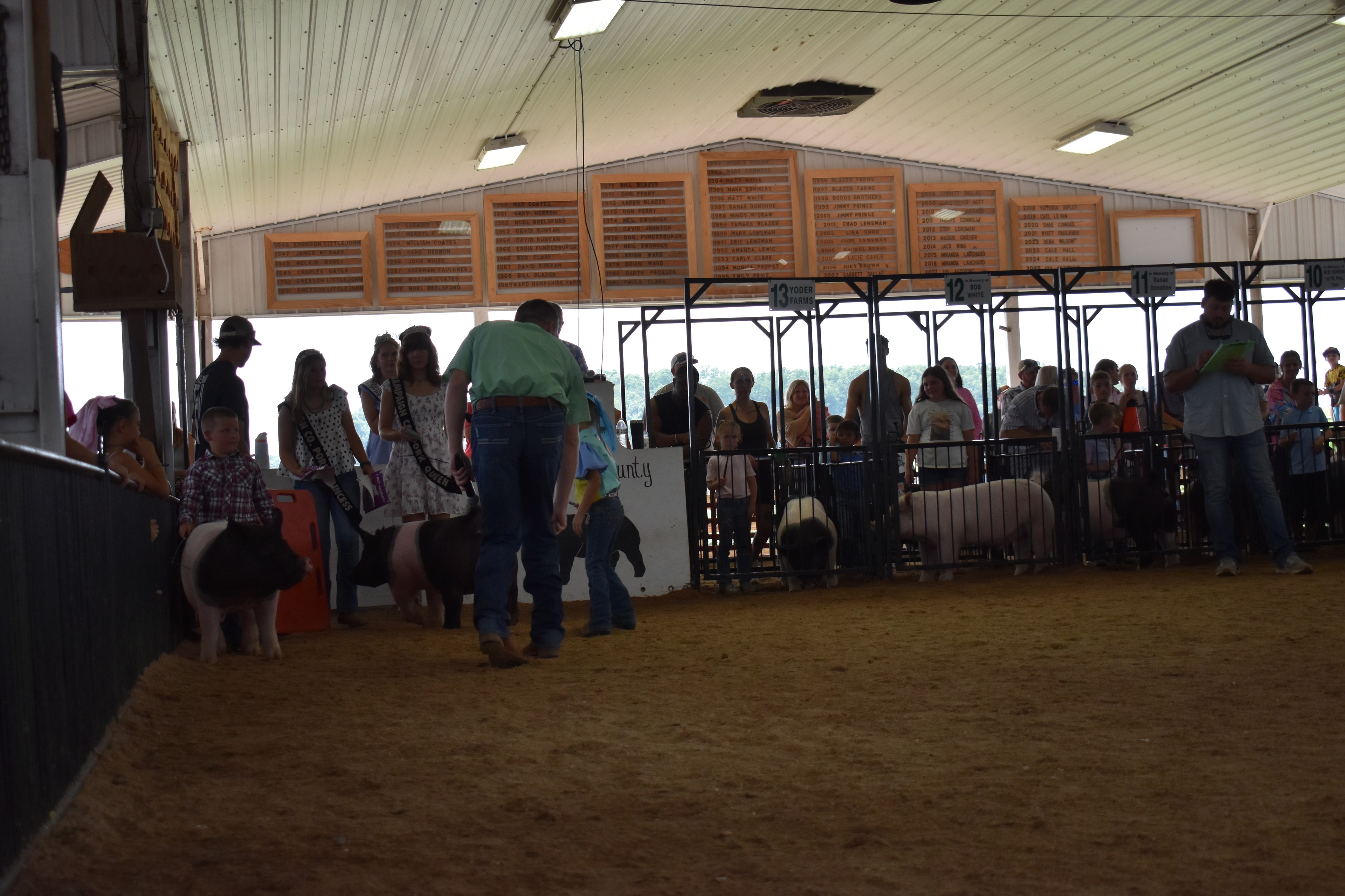 Wide back-of-arena shot with judge in green shirt, Pork Queen with sash, and small boy in plaid shirt steering spotted Hampshire cross pig near the Champaign County Pork sign with packed crowd in Yoder Farms pens 11–13 and past champions boards behind