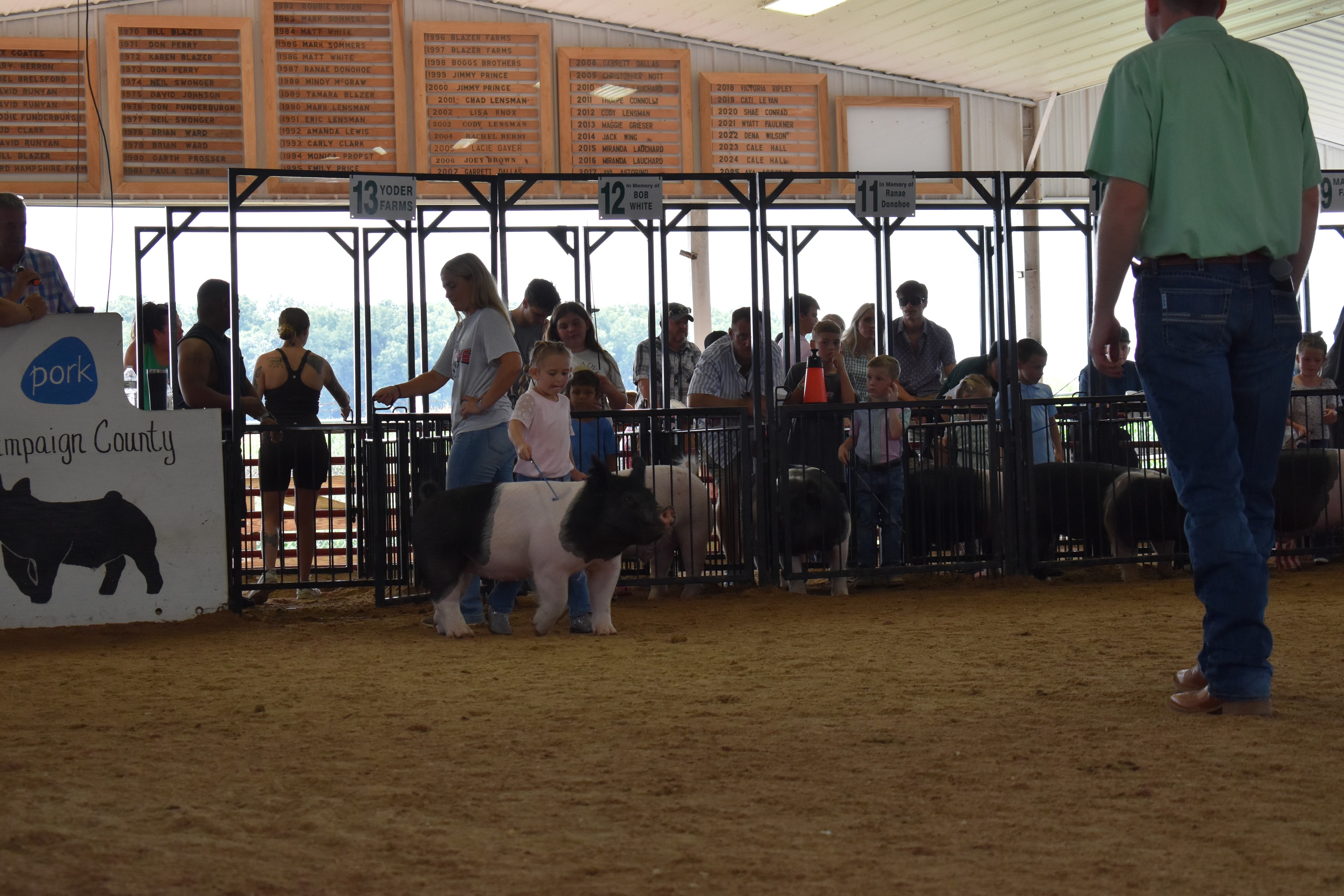 Wide back-of-arena shot with judge in green shirt, Pork Queen with sash, and small boy in plaid shirt steering spotted Hampshire cross pig near the Champaign County Pork sign with packed crowd in Yoder Farms pens 11–13 and past champions boards behind