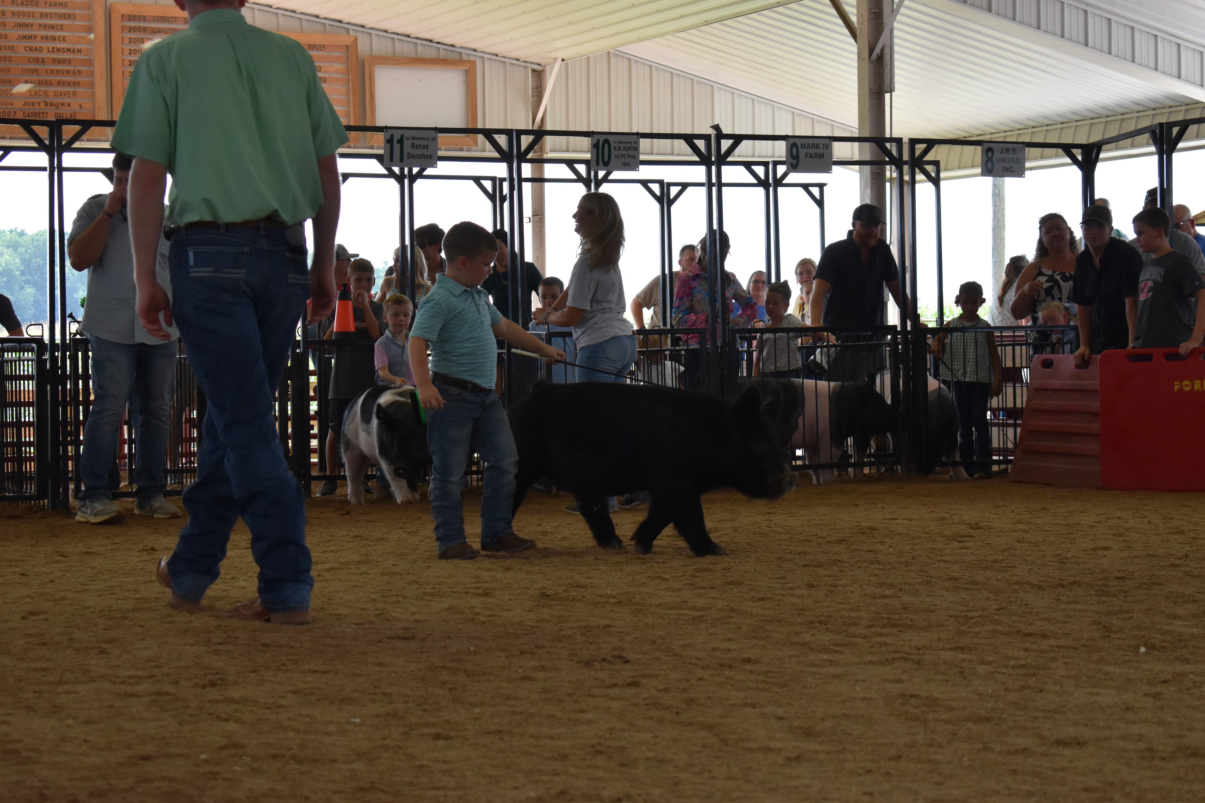 Boy in pink-blue striped shirt steering large black-and-white Hampshire cross pig sideways with packed crowd in sponsor pens 2–10 and past champions boards behind at Champaign County Fair