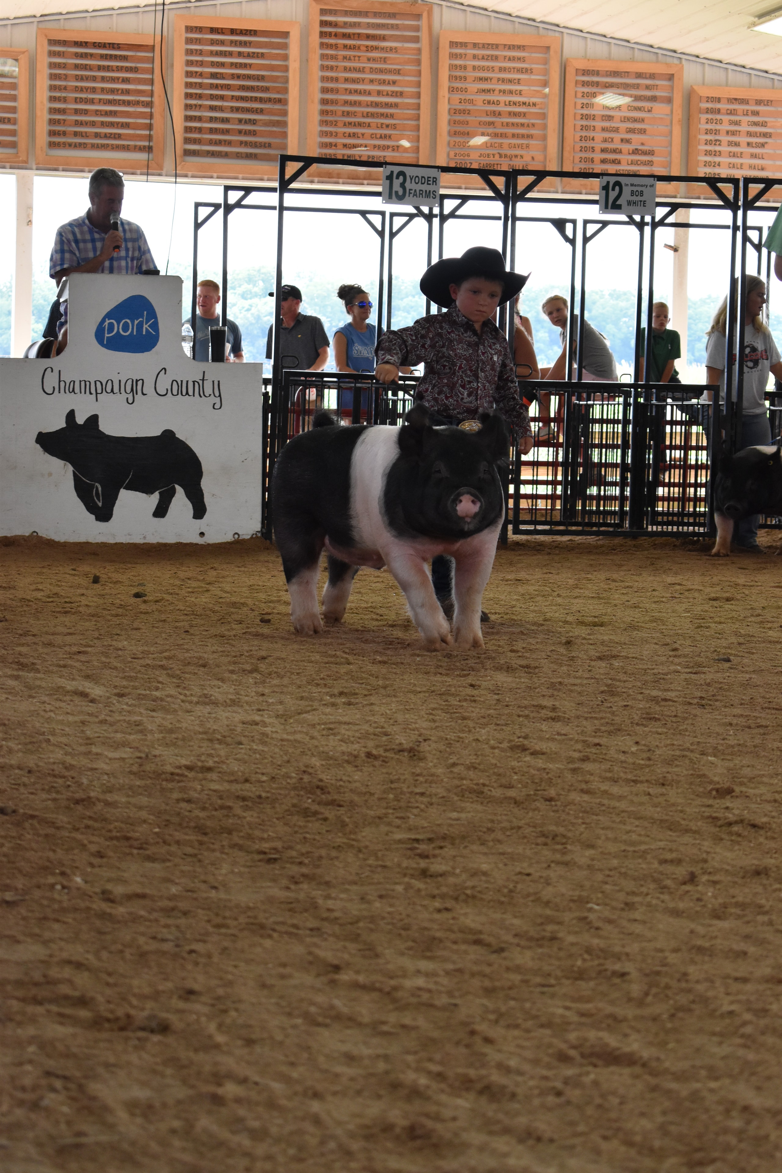 Boy in paisley shirt and black cowboy hat steering Hampshire cross pig with Champaign County Pork sign and Pork Queen at podium