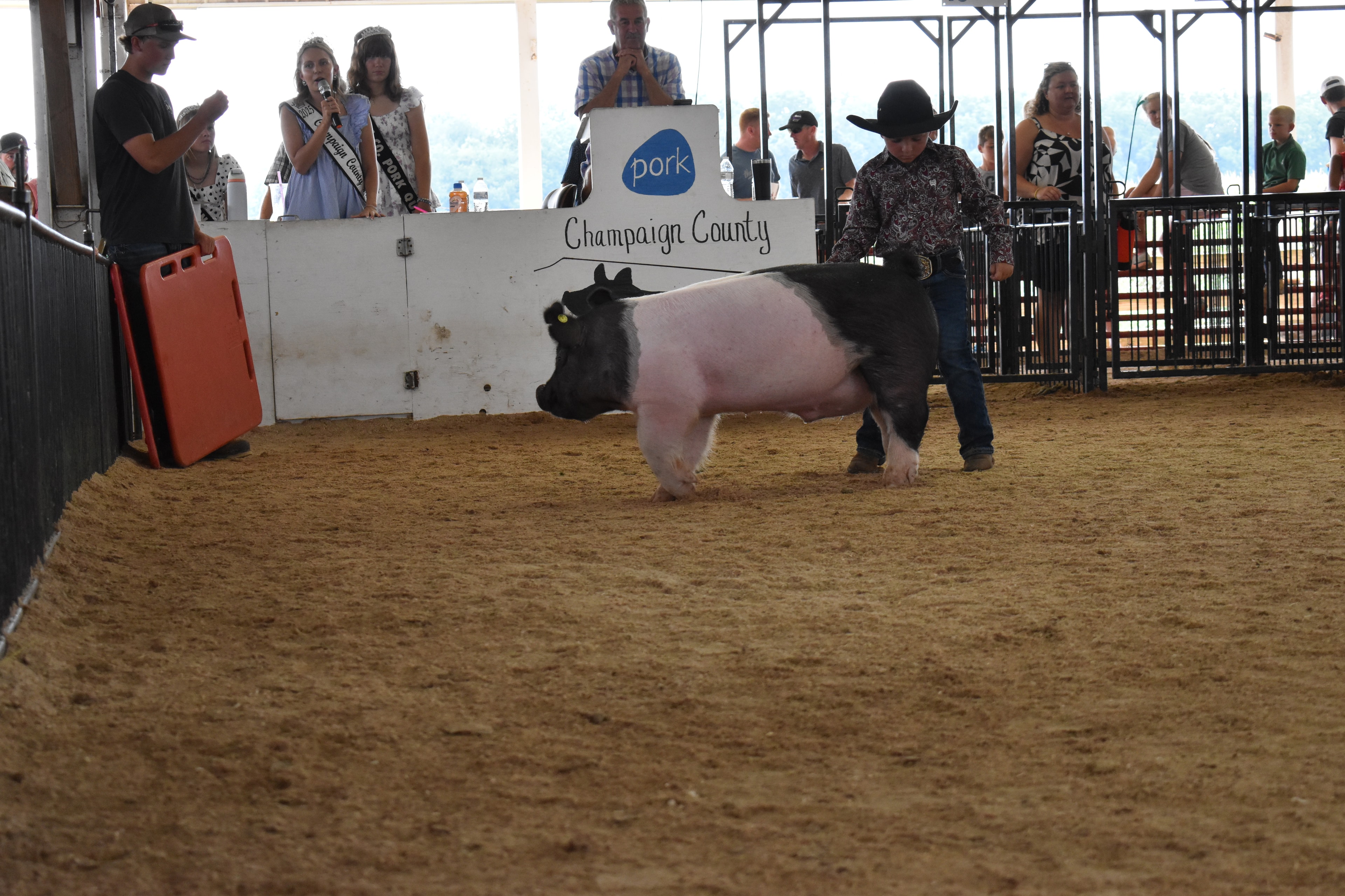 Boy in paisley shirt and black cowboy hat steering Hampshire cross pig head-on toward camera with Champaign County Pork sign